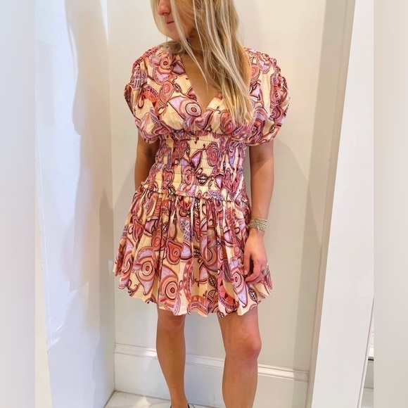 NEW A.L.C Luna Smocked Dress Nude Peach Multi 12 - Picture 5 of 16